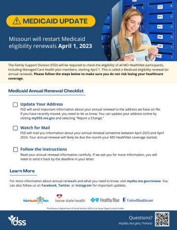 Medicaid Annual Renewal Participant Checklist. Image of young female checking mailbox.