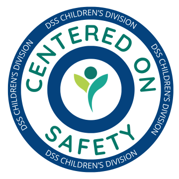 DSS Children's Division, Centered on Safety, DSS Logomark in the center of a circle with text around it. 